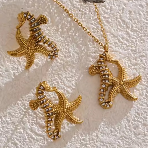 Seahorse Starfish Crystal 18K Gold Stainless Steel Waterproof Jewelry Set - Picture 15 of 16